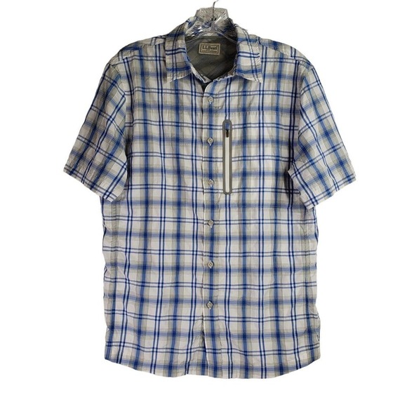 LL Bean Men's Small Blue Plaid Short Sleeve Button Down Shirt Mesh Lined Fish - Picture 2 of 13
